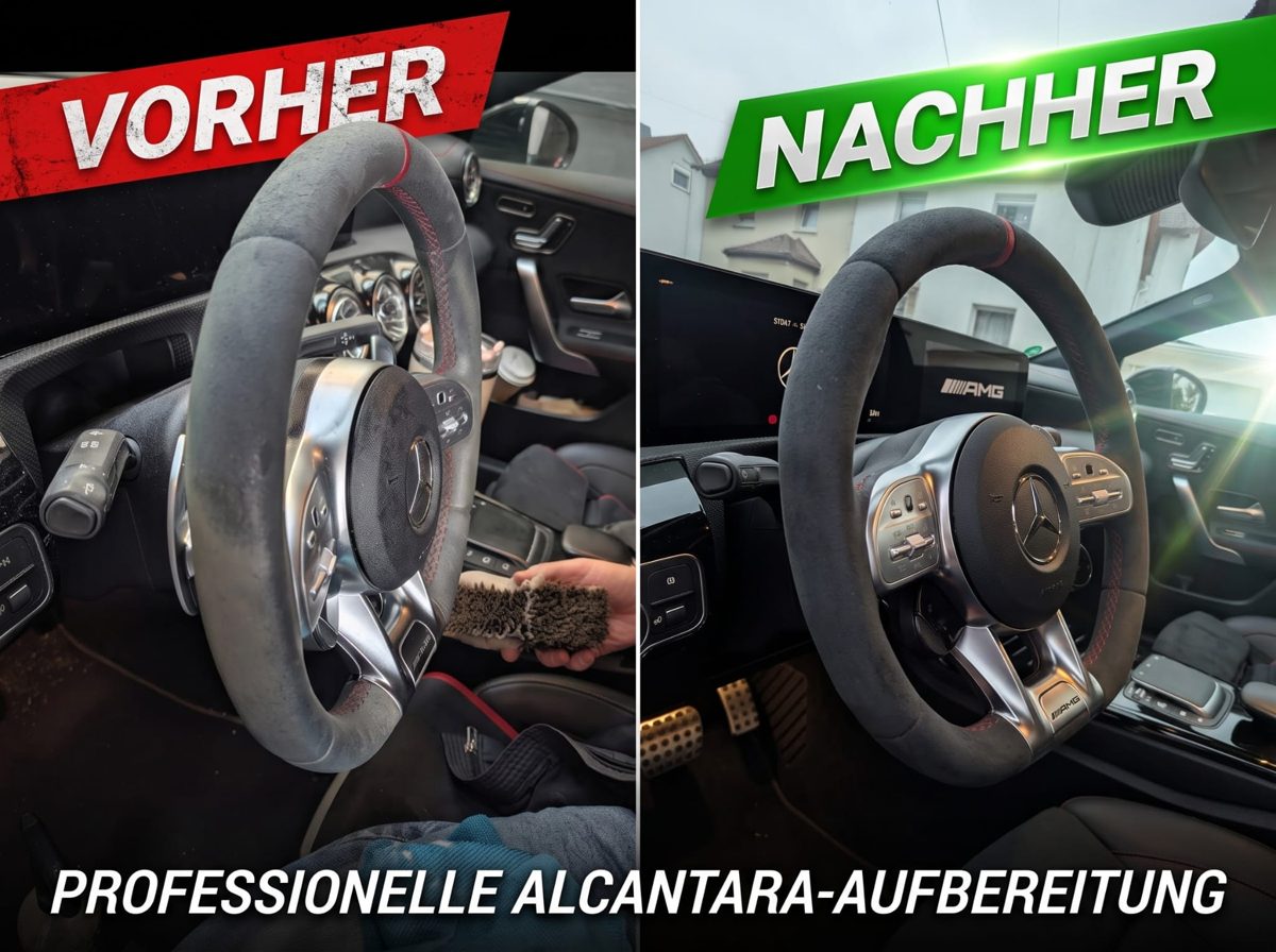 Vorher-Nachher: Alcantara-Lenkrad vor und nach der Aufbereitung