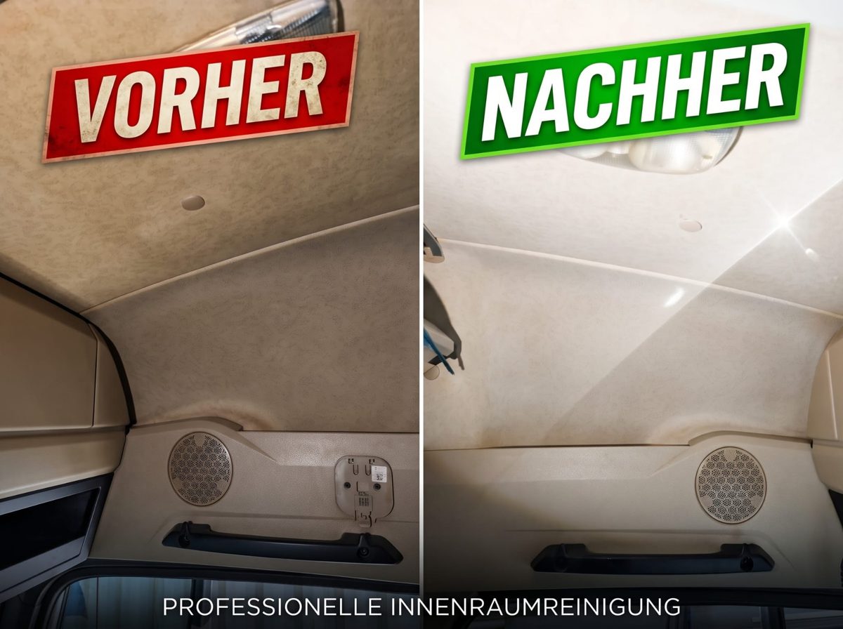 Vorher-Nachher: LKW-Innenraum und Dachhimmel vor und nach der Reinigung